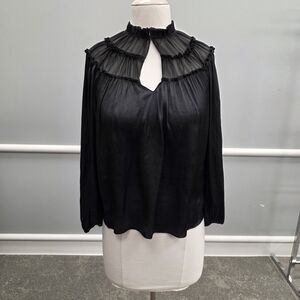 Ramy Brook Black Satin Ruffle Neckline Blouse